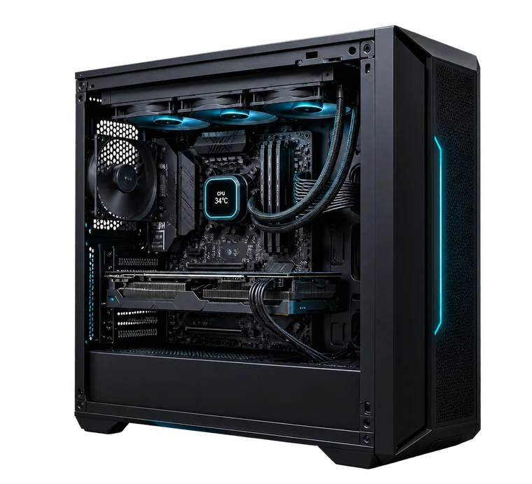 Desktop PC with liquid cooling, graphics card and neatly routed cables